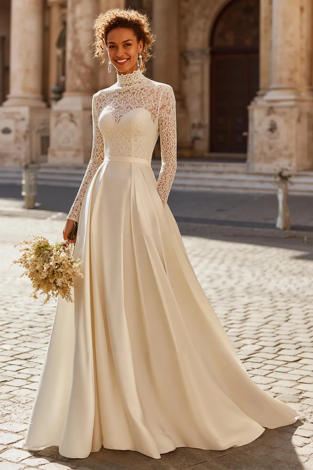 Ivory A-Line High Neck Lace Appliqued Sweep Train Wedding Dress sold by Zapaka
