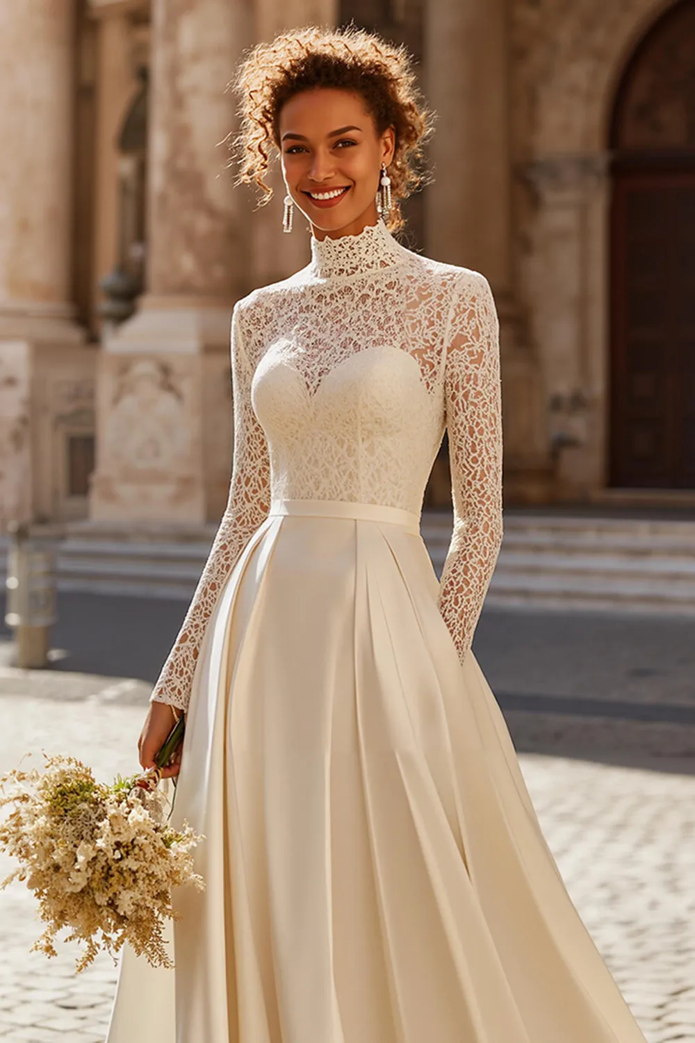 Ivory A-Line High Neck Lace Appliqued Sweep Train Wedding Dress sold by Zapaka product image thumbnail 2