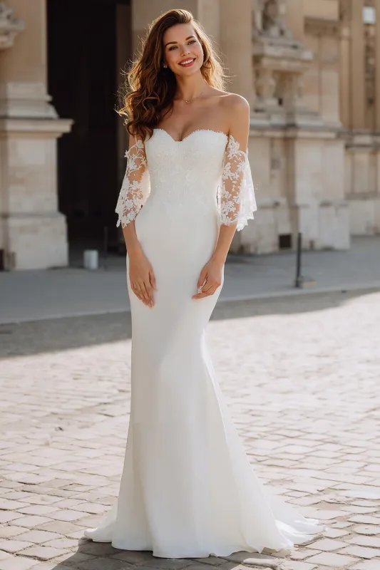 Mermaid White Sweetheart Neck Lace Appliqued Floor Length Wedding Dress sold by Zapaka