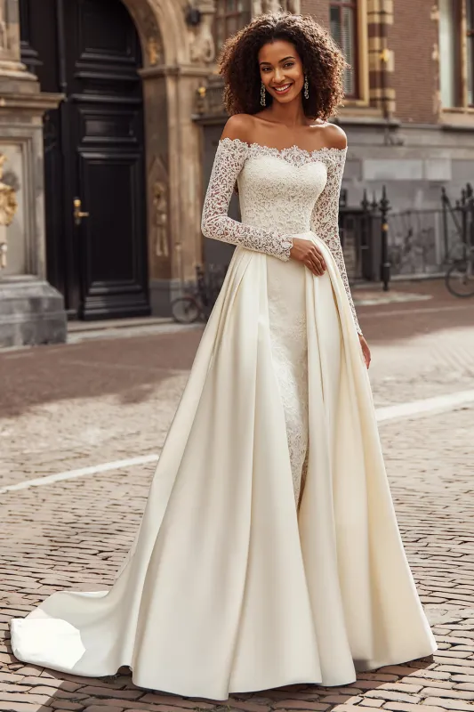 A-Line Ivory Off the Shoulder Lace Appliqued Sweep Train Wedding Dress made by Zapaka