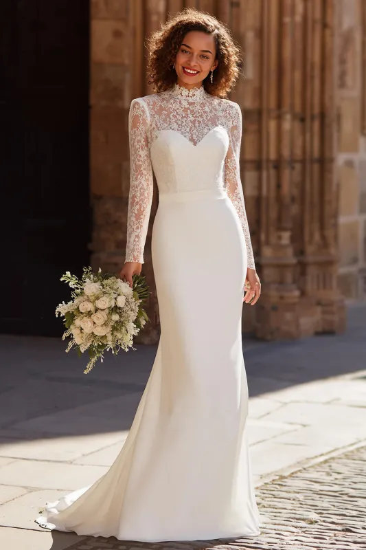 Ivory Mermaid High Neck Lace Appliqued Sweep Train Wedding Dress sold by Zapaka