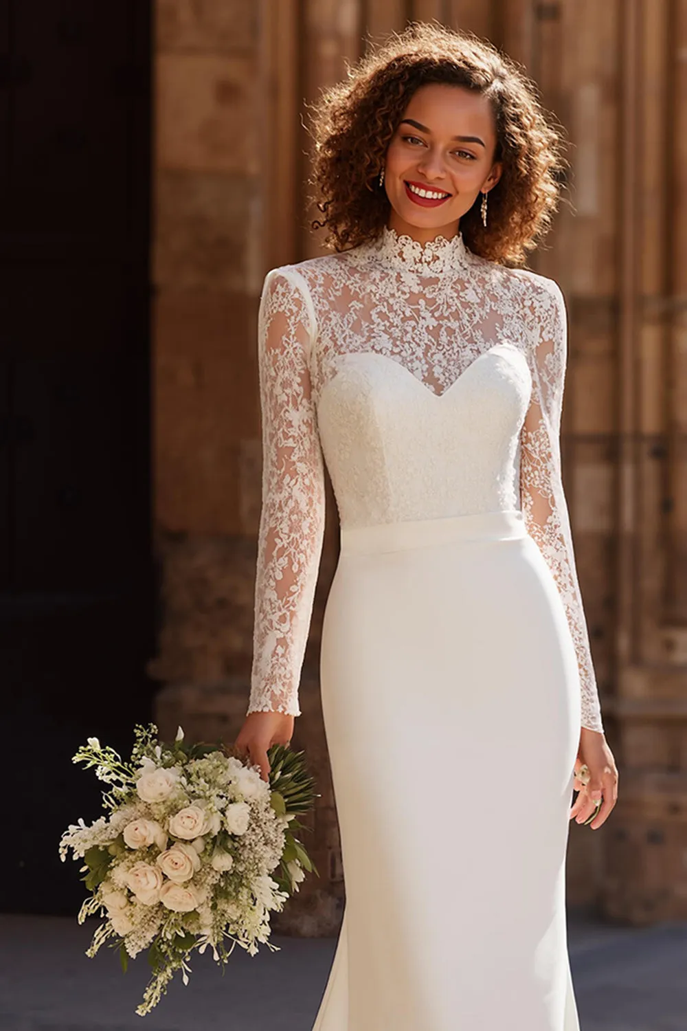 Ivory Mermaid High Neck Lace Appliqued Sweep Train Wedding Dress sold by Zapaka product image thumbnail 2