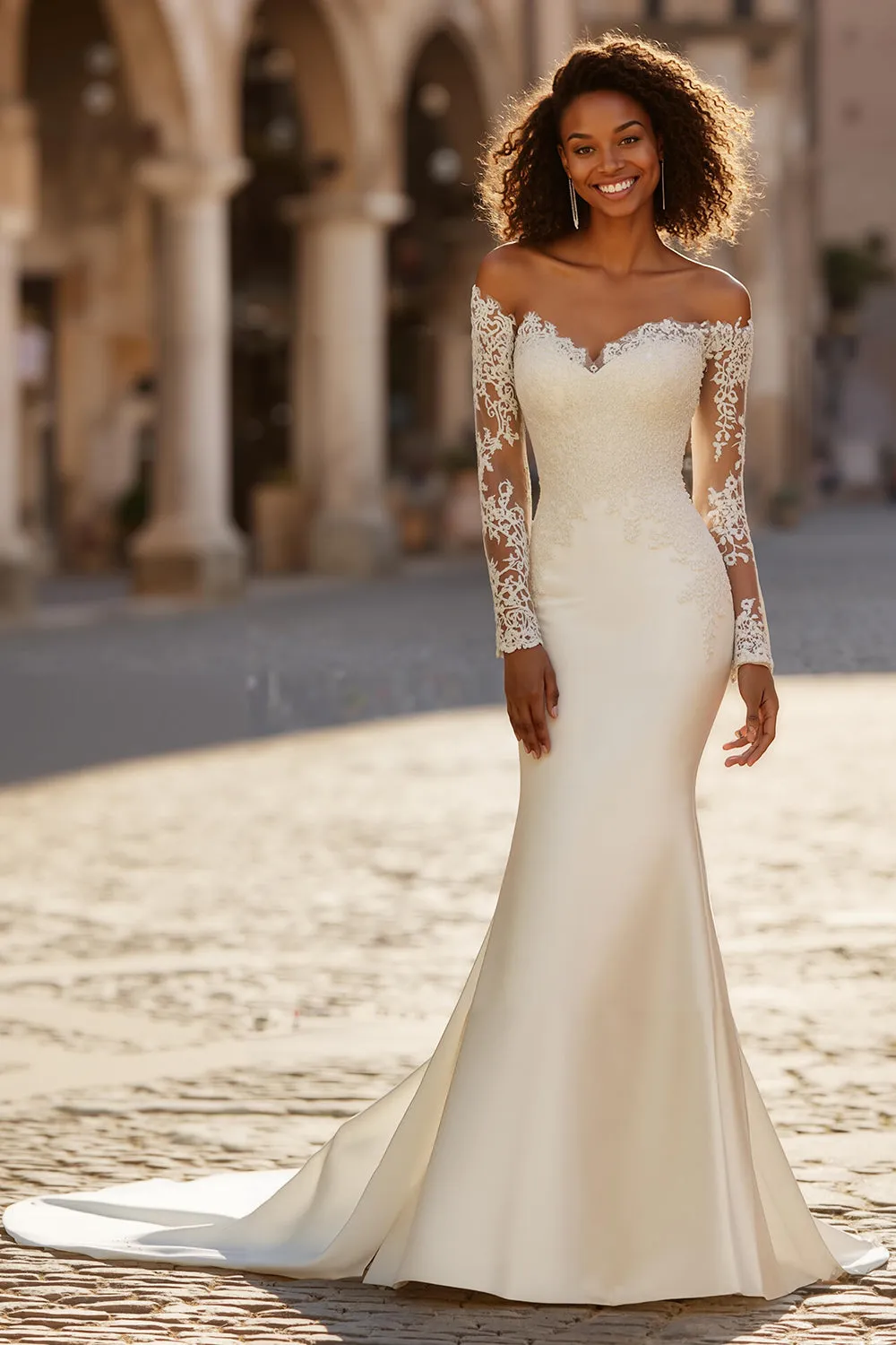 Off the Shoulder Ivory Mermaid Lace Appliqued Court Train Wedding Dress sold by Zapaka