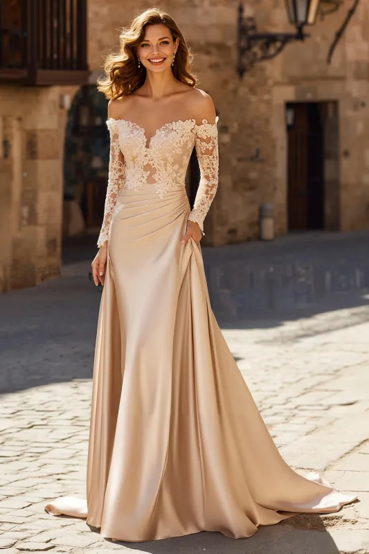 Champagne Mermaid Off the Shoulder Lace Appliqued Court Train Wedding Dress made by Zapaka