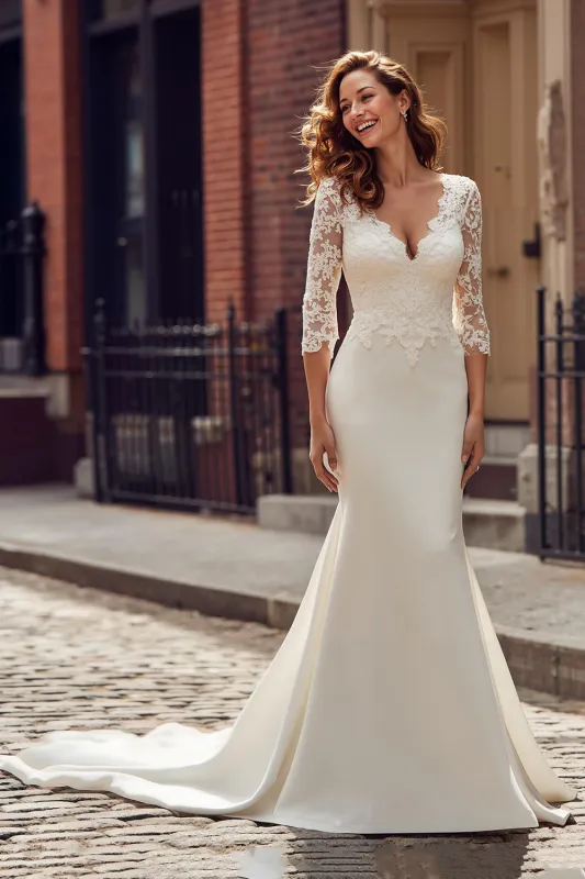 Mermaid V-Neck Ivory Lace Appliqued Court Train Weddig Dress sold by Zapaka