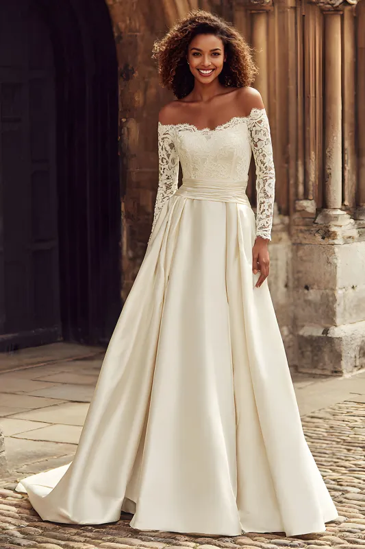 A-Line Off the Shoulder Ivory Lace Appliqued Sweep Train Wedding Dress sold by Zapaka