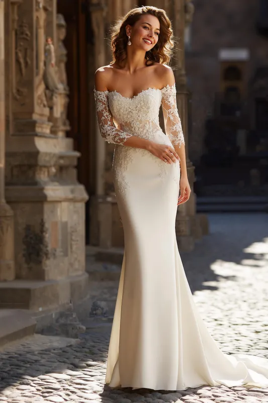 Off the Shoulder Mermaid Ivory Lace Appliqued Court Train Wedding Dress sold by Zapaka