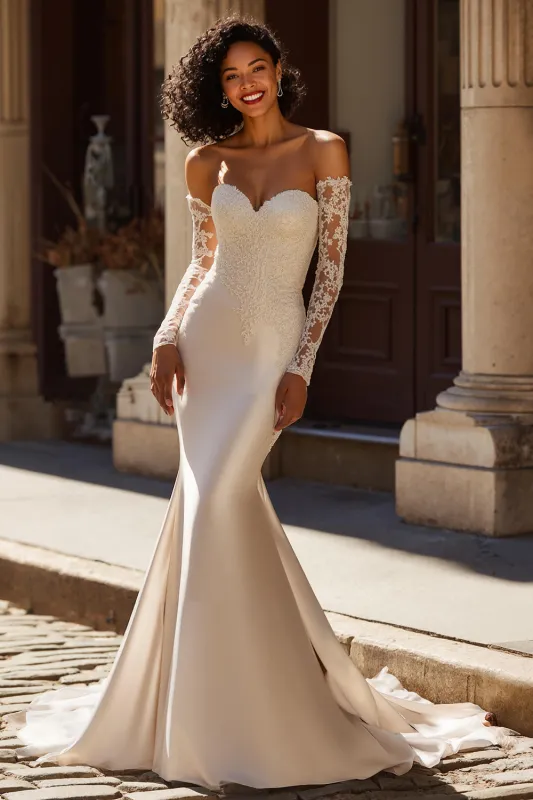 Ivory Sweetheart Neck Mermaid Lace Appliqued Sweep Train Wedding Dress sold by Zapaka