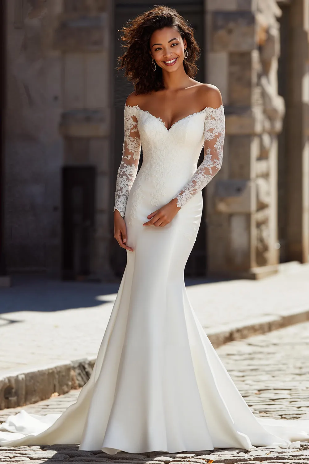 V-Neck Mermaid White Lace Appliqued Sweep Train Wedding Dress sold by Zapaka
