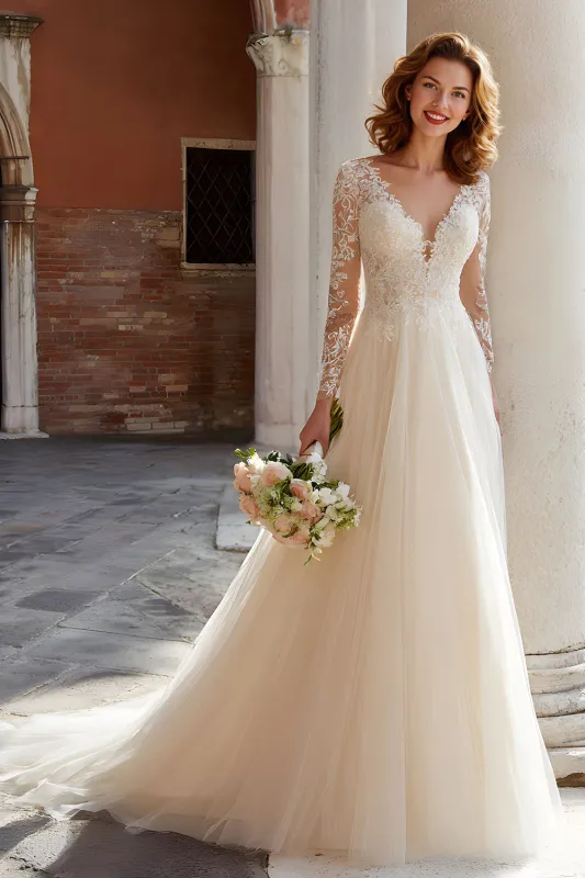 Ivory V-Neck A-Line Lace Appliqued Tulle Court Train Wedding Dress sold by Zapaka