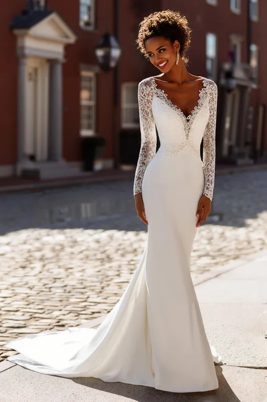 White Mermaid V-Neck Lace Appliqued Wedding Dress with Court Train sold by Zapaka