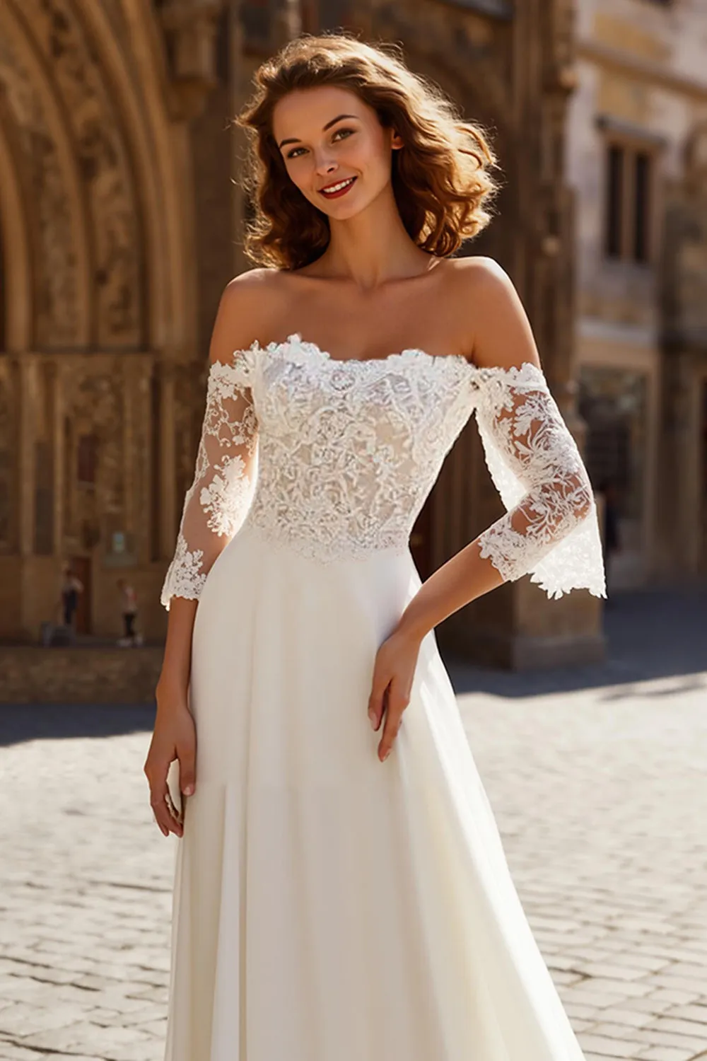 A-Line Ivory Off the Shoulder Lace Appliqued Wedding Dress with Sweep Train sold by Zapaka product image thumbnail 2