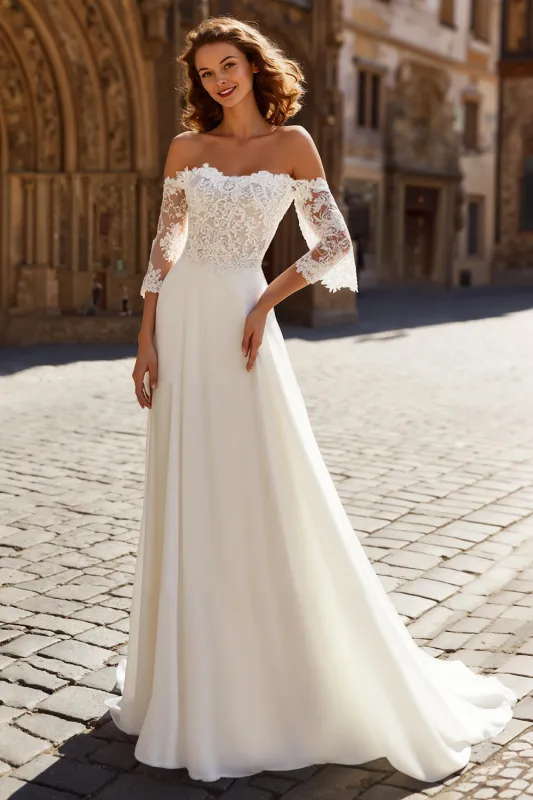 A-Line Ivory Off the Shoulder Lace Appliqued Wedding Dress with Sweep Train sold by Zapaka