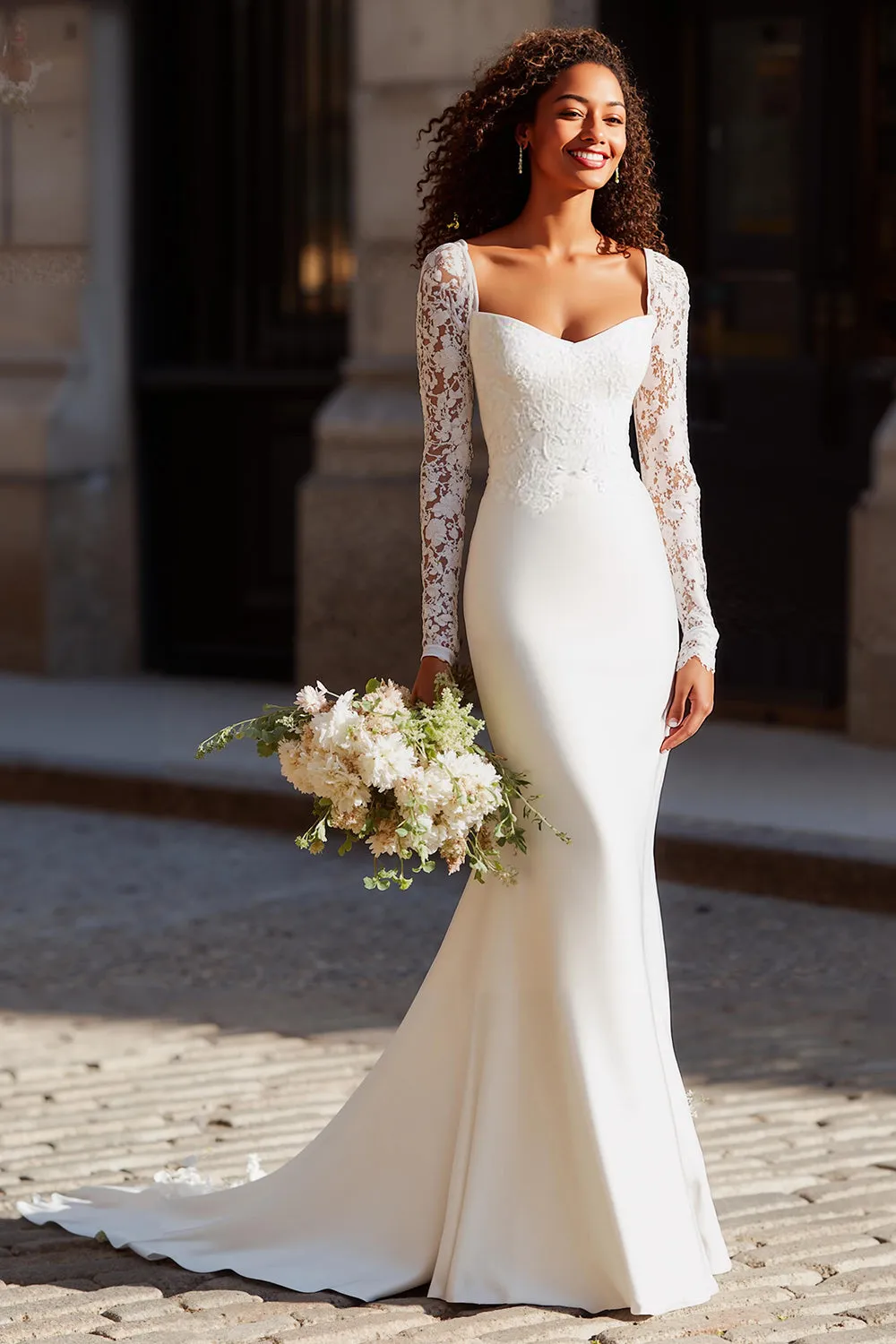 White Mermaid Lace Appliqued Court Train Wedding Dress sold by Zapaka