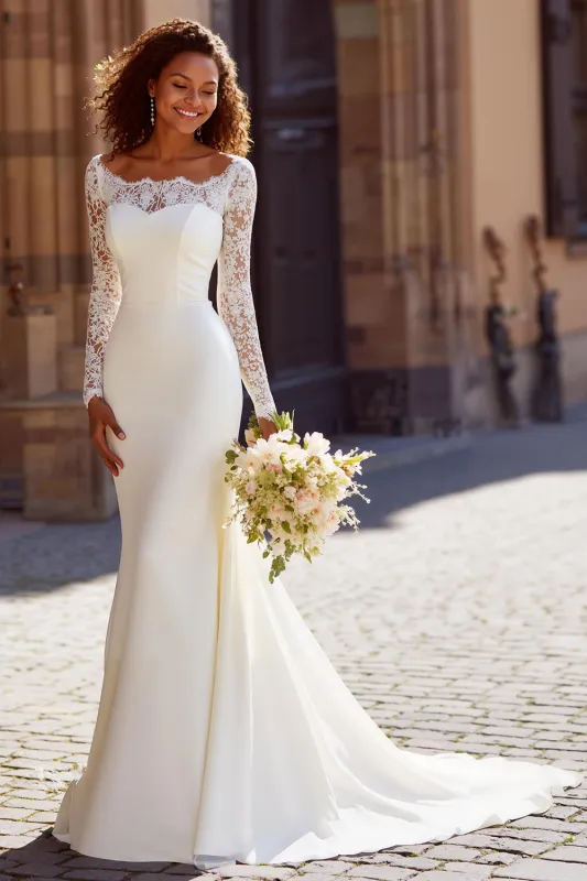 White Mermaid Sweep Train Long Sleeves Wedding Dress with Lace sold by Zapaka