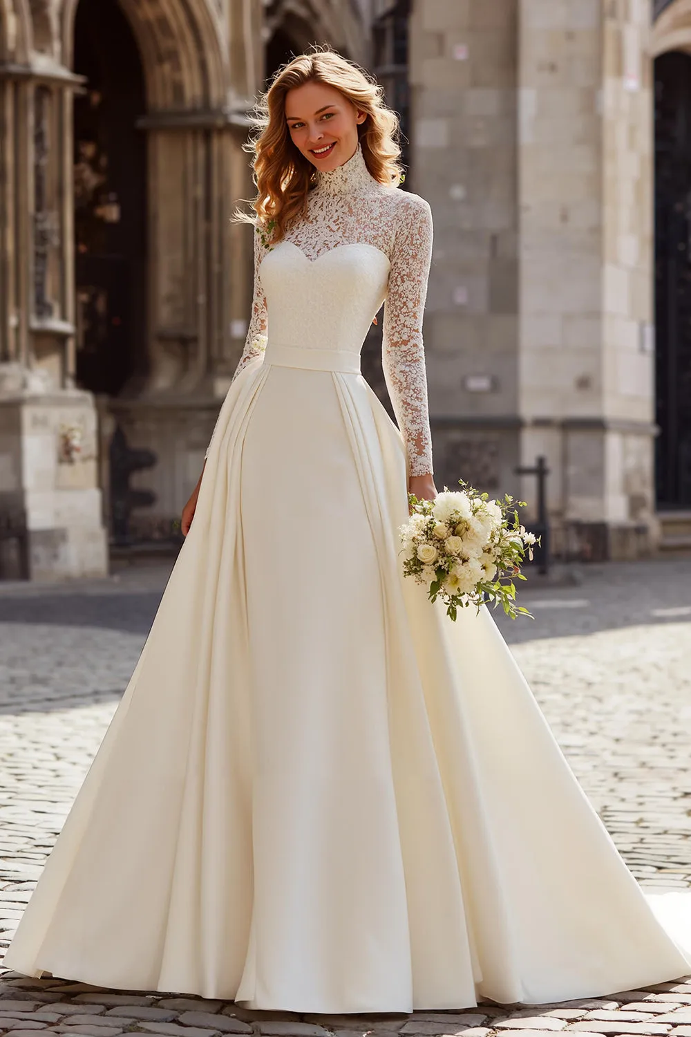 Ivory High Neck Sweep Train A Line Wedding Dress with Lace sold by Zapaka