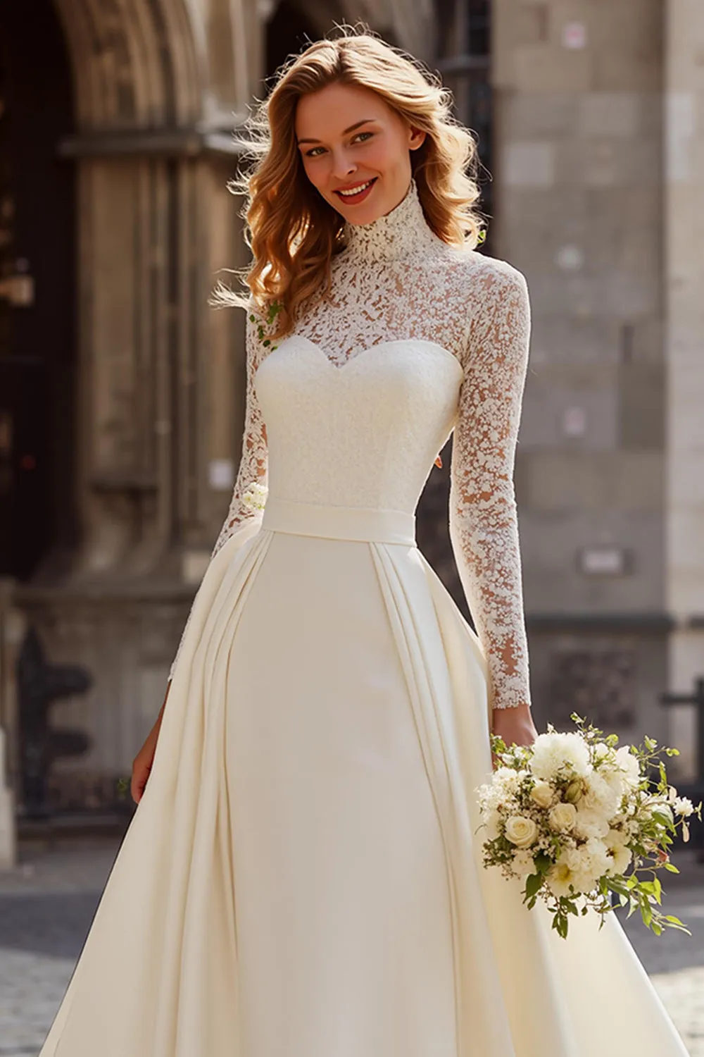 Ivory High Neck Sweep Train A Line Wedding Dress with Lace sold by Zapaka product image thumbnail 2
