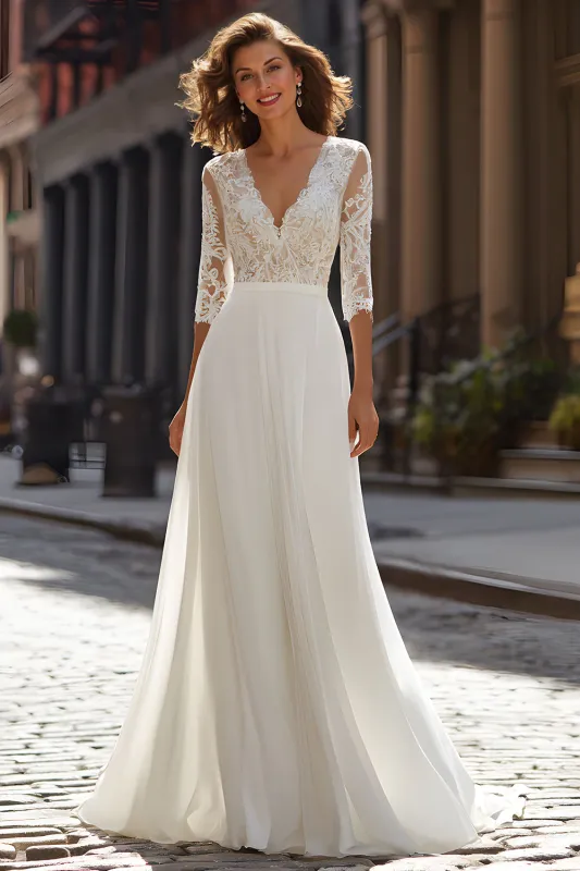 Ivory A Line V-Neck Sweep Train Wedding Dress with Lace sold by Zapaka