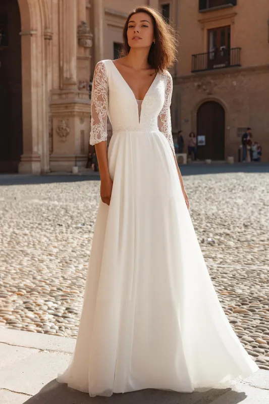 Ivory V-Neck A Line Long Wedding Dress with Sleeves sold by Zapaka
