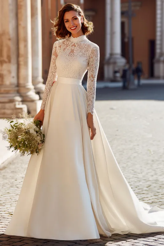 Ivory A Line Long Sleeves High Neck Sweep Train Wedding Dress with Lace sold by Zapaka