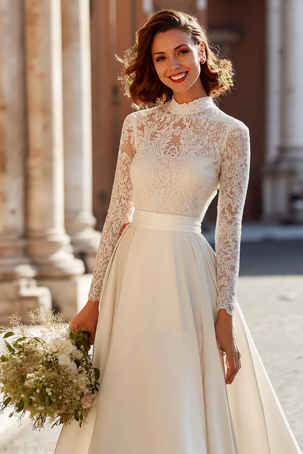 Ivory A Line Long Sleeves High Neck Sweep Train Wedding Dress with Lace sold by Zapaka product image thumbnail 2