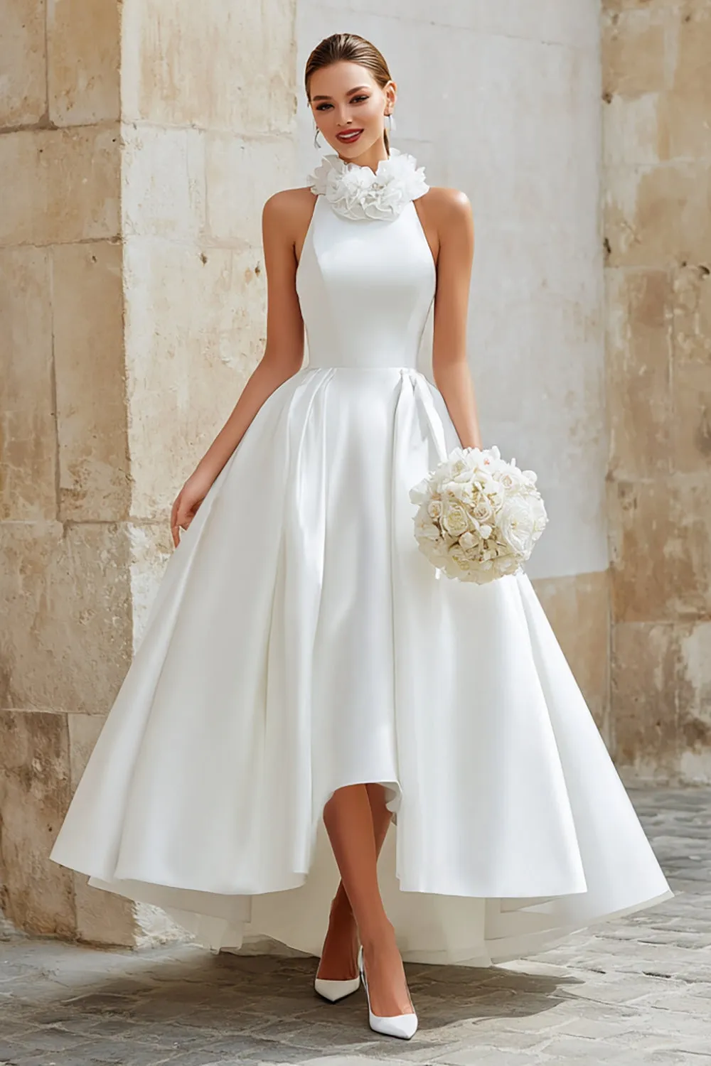 White A Line Halter Wedding Dress with Ruffles sold by Zapaka
