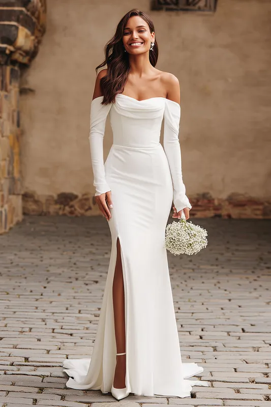 Ivory Mermaid Off The Shoulder Long Sleeves Wedding Dress with Slit sold by Zapaka