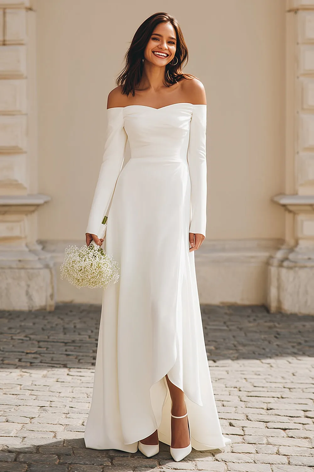 Ivory Satin Sheath Off The Shoulder Asymmetrical Wedding Dress with Sleeves sold by Zapaka