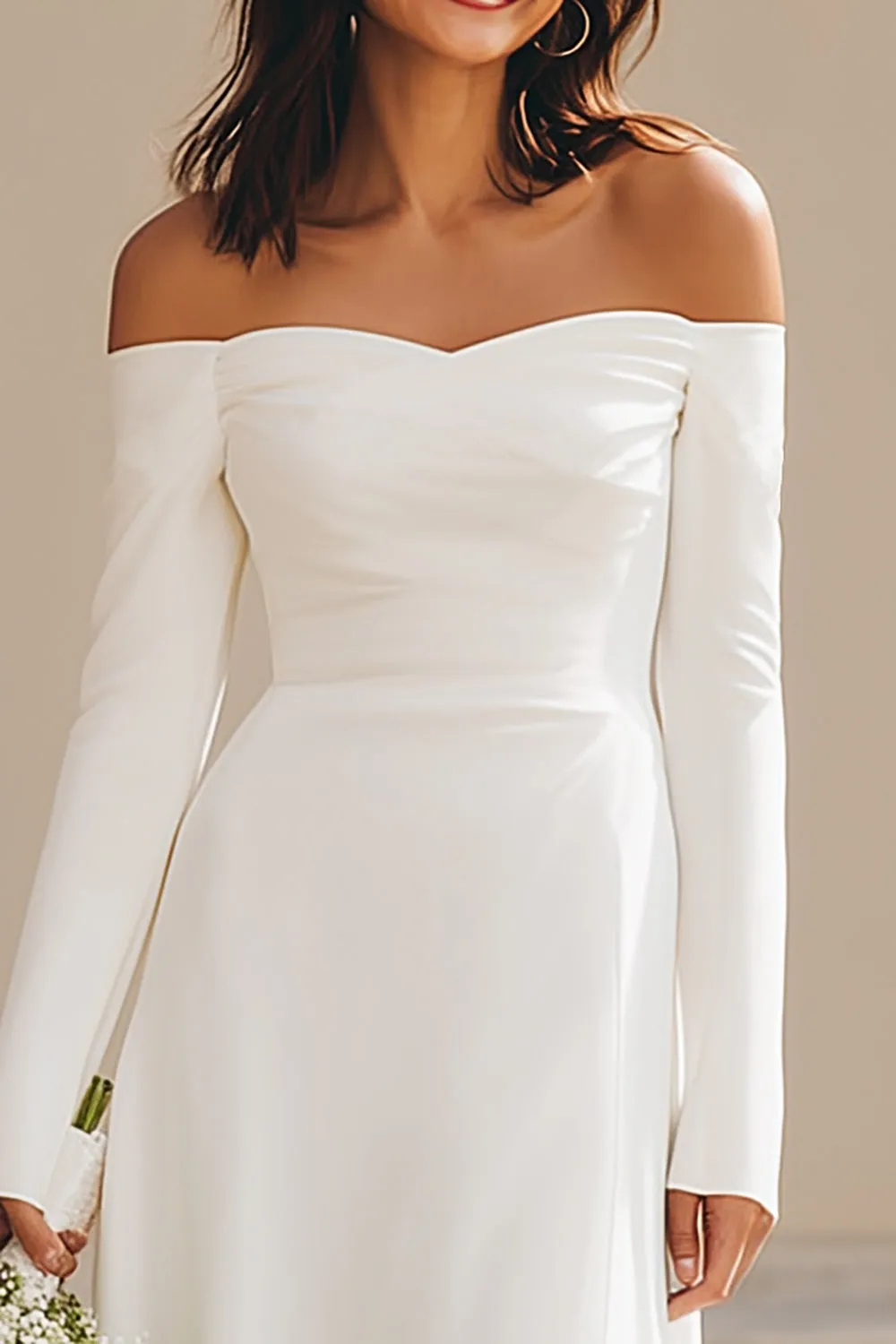 Ivory Satin Sheath Off The Shoulder Asymmetrical Wedding Dress with Sleeves sold by Zapaka product image thumbnail 2
