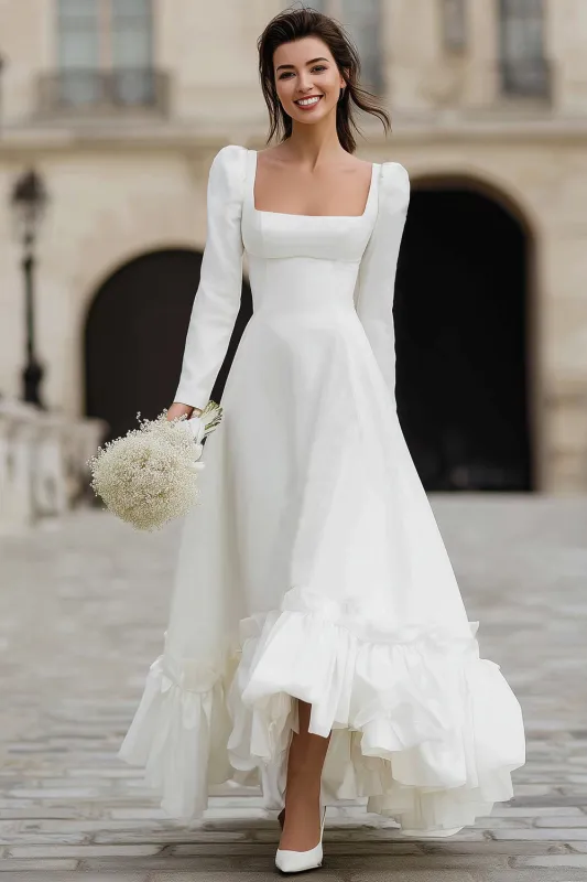 Ivory A Line Satin Square Neck Long Sleeves Wedding Dress with Ruffles sold by Zapaka