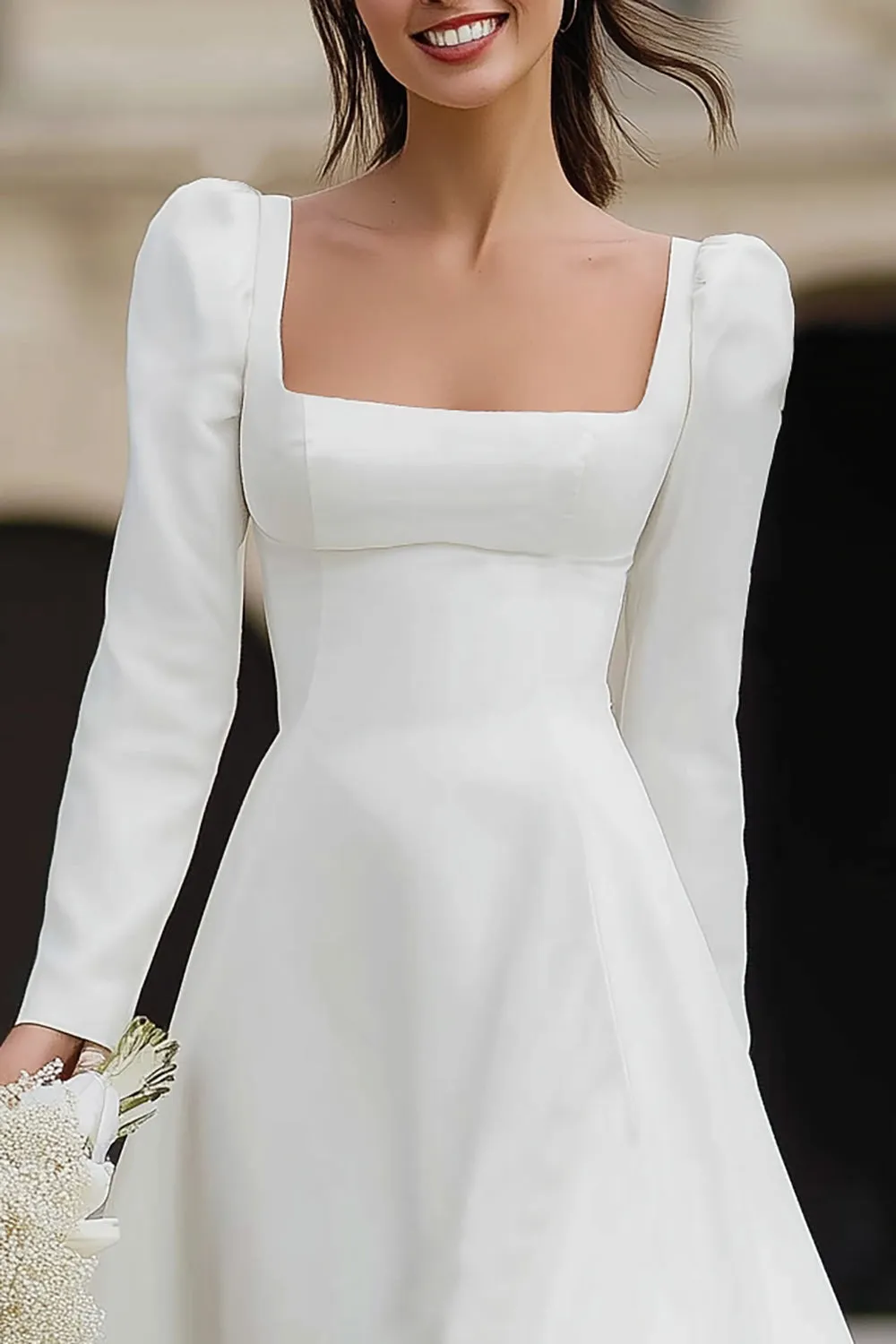 Ivory A Line Satin Square Neck Long Sleeves Wedding Dress with Ruffles sold by Zapaka product image thumbnail 2