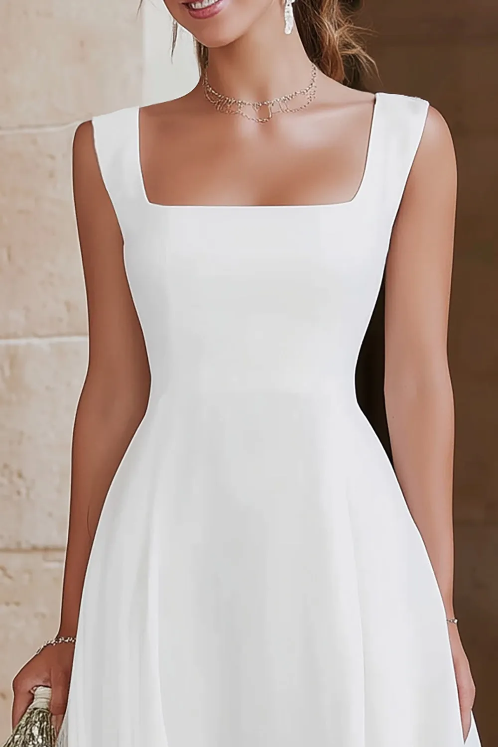 Ivory Square Neck A Line Satin Long Wedding Dress with Ruffles sold by Zapaka product image thumbnail 2