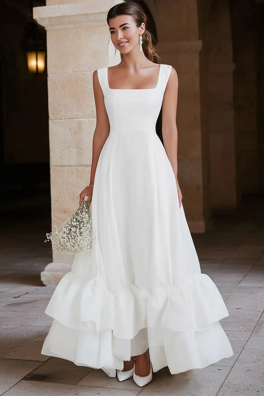 Ivory Square Neck A Line Satin Long Wedding Dress with Ruffles sold by Zapaka