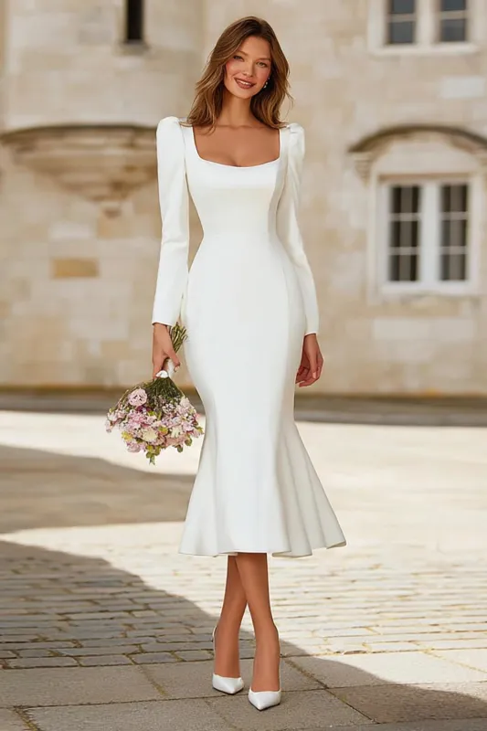 Ivory Square Neck Crepe Mermaid Long Sleeves Wedding Dress sold by Zapaka