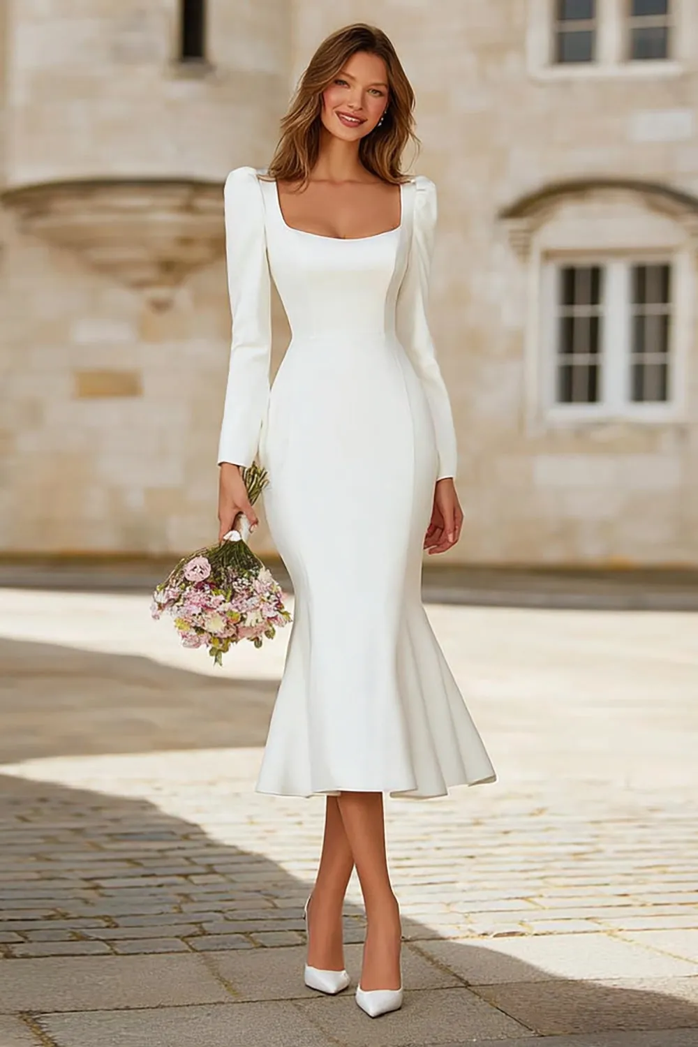 Ivory Square Neck Crepe Mermaid Long Sleeves Wedding Dress sold by Zapaka
