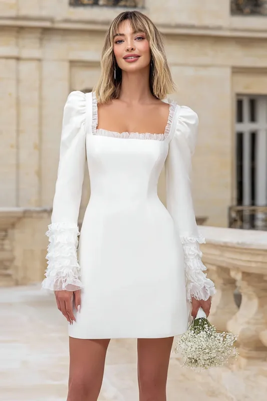 Ivory Crepe Square Neck Sleeves Short Wedding Dress with Ruffles sold by Zapaka