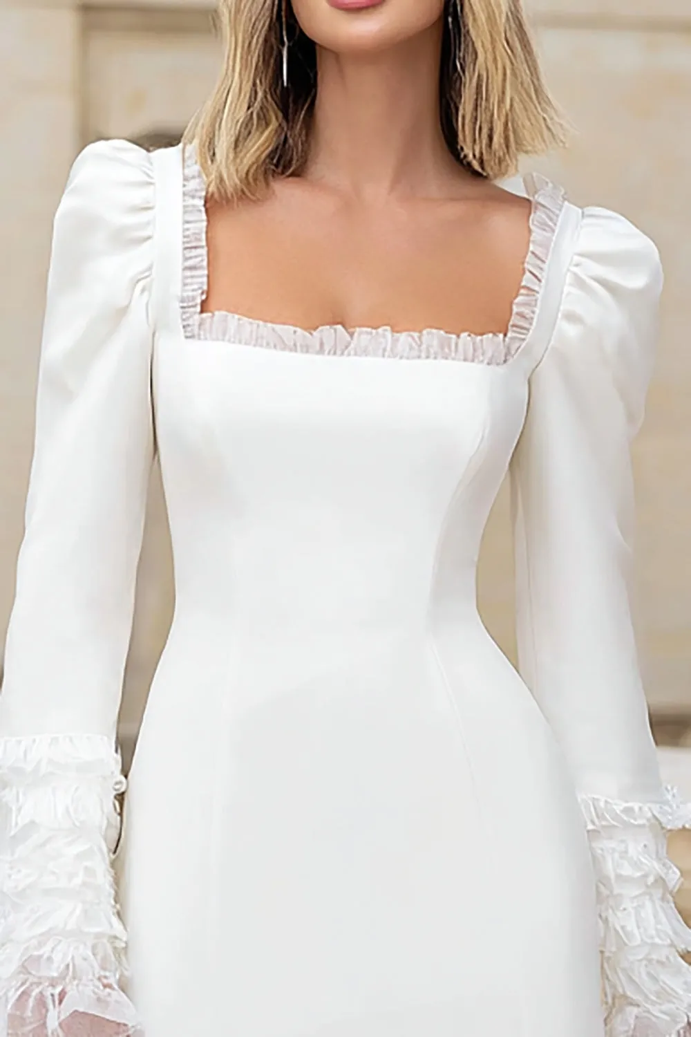 Ivory Crepe Square Neck Sleeves Short Wedding Dress with Ruffles sold by Zapaka product image thumbnail 2
