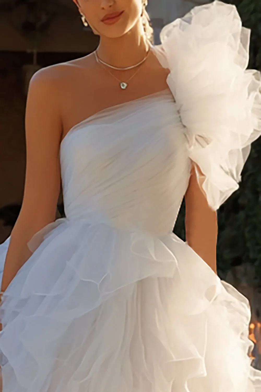 Ivory Tulle A Line One Shoulder Short Wedding Dress with Ruffles sold by Zapaka product image thumbnail 2