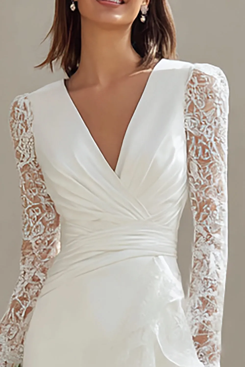 Ivory V-Neck Bodycon Ruched Lace Sleeves Short Wedding Dress with Slit sold by Zapaka product image thumbnail 2