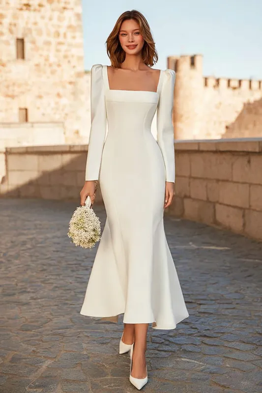 Ivory Square Neck Mermaid Crepe Long Sleeves Wedding Dress sold by Zapaka