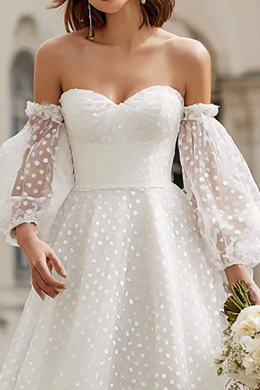 Ivory Tulle A Line Off the Shoulder Tea-Length Wedding Dress sold by Zapaka product image thumbnail 2