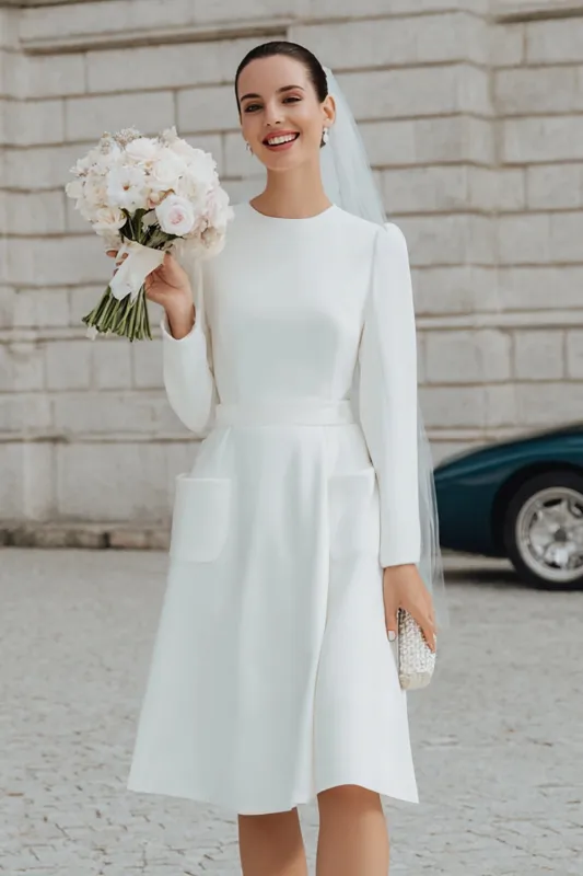 Ivory Crepe A Line Long Sleeves Midi Wedding Dress with Pockets sold by Zapaka