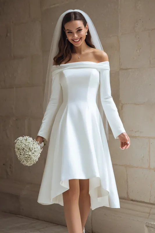 Ivory Satin A Line Off The Shoulder Midi Wedding Dress with Sleeves sold by Zapaka