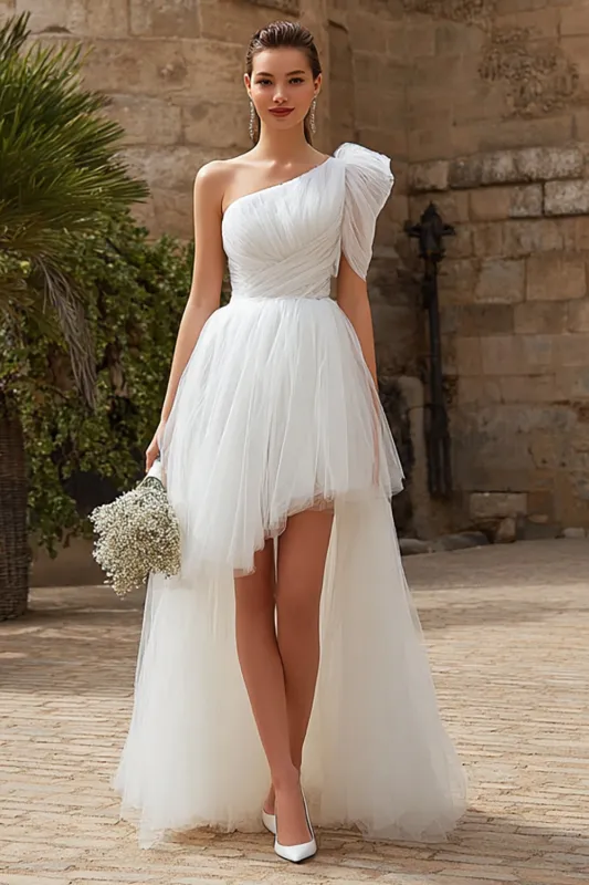 Ivory Tulle A Line One Shoulder High Low Wedding Dress sold by Zapaka