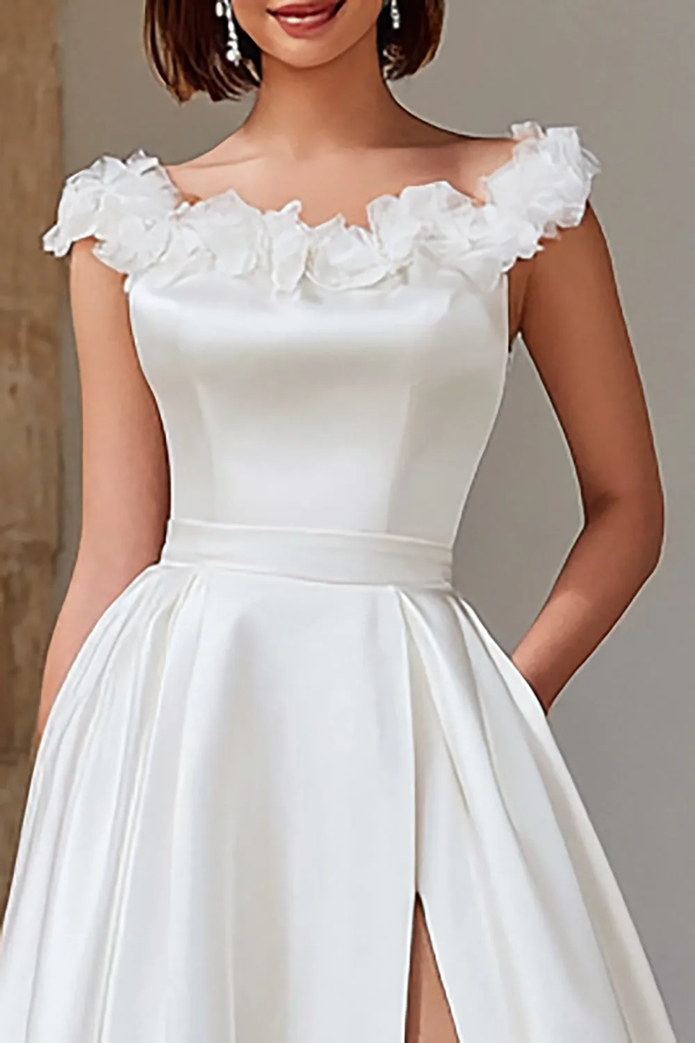Ivory Satin A Line Sweep Train Wedding Dress with Slit sold by Zapaka product image thumbnail 2
