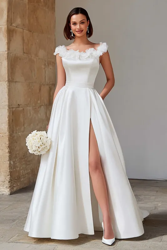 Ivory Satin A Line Sweep Train Wedding Dress with Slit sold by Zapaka