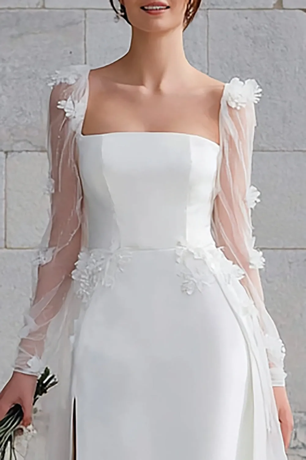 Ivory Square Neck A Line Sweep Train Wedding Dress with Flowers sold by Zapaka product image thumbnail 2