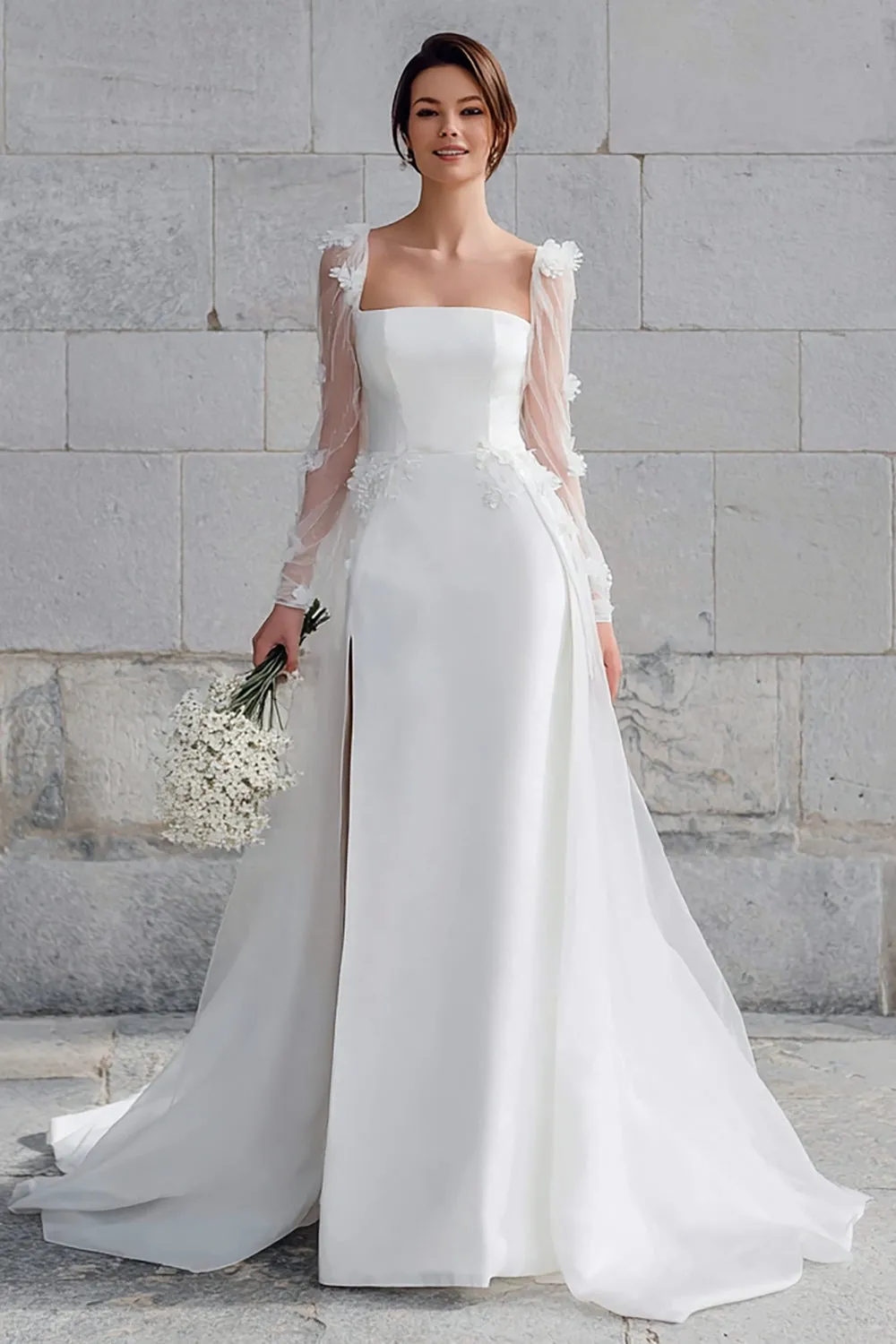 Ivory Square Neck A Line Sweep Train Wedding Dress with Flowers sold by Zapaka