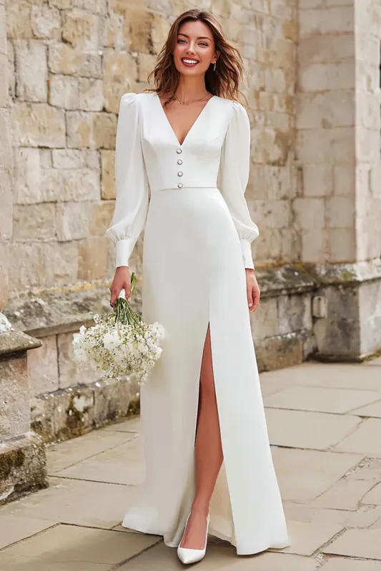 Ivory Sheath V-Neck Maxi Wedding Dress with Sleeves sold by Zapaka