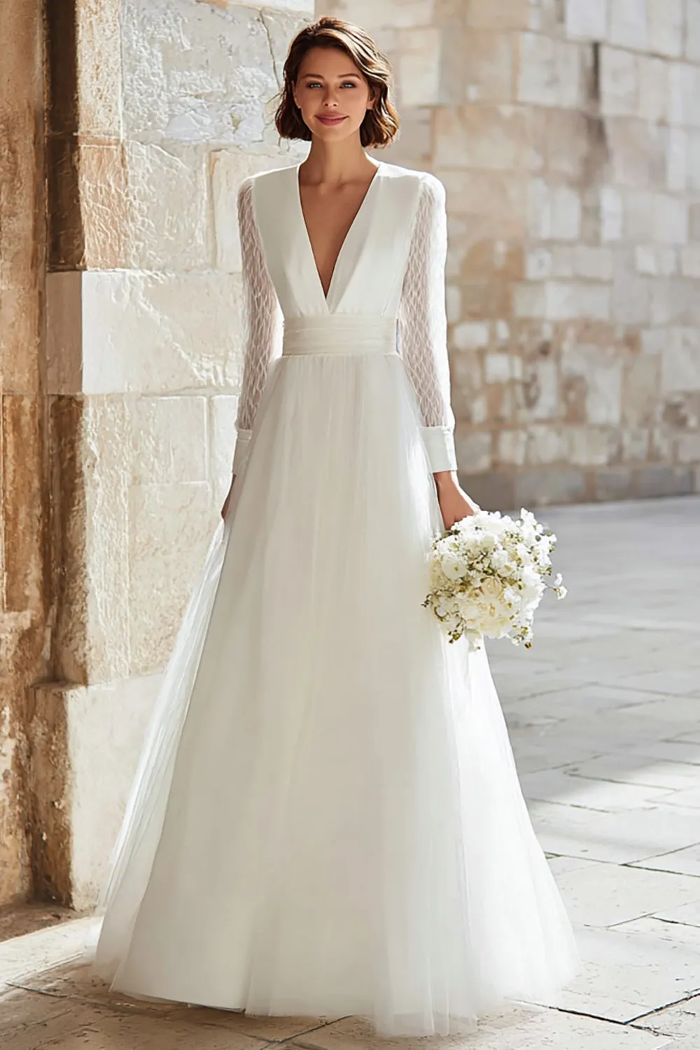 Ivory Long Deep V-Neck A Line Wedding Dress with Tulle sold by Zapaka
